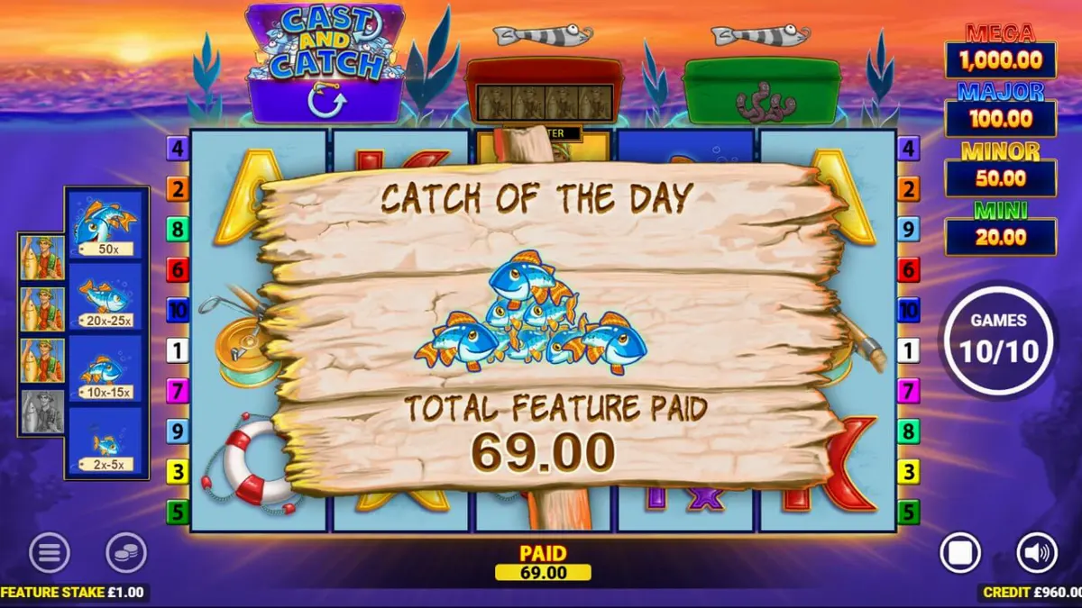 Ikon nelayan emas menangkap ikan dengan koin di slot Fishin Frenzy Lure Em In