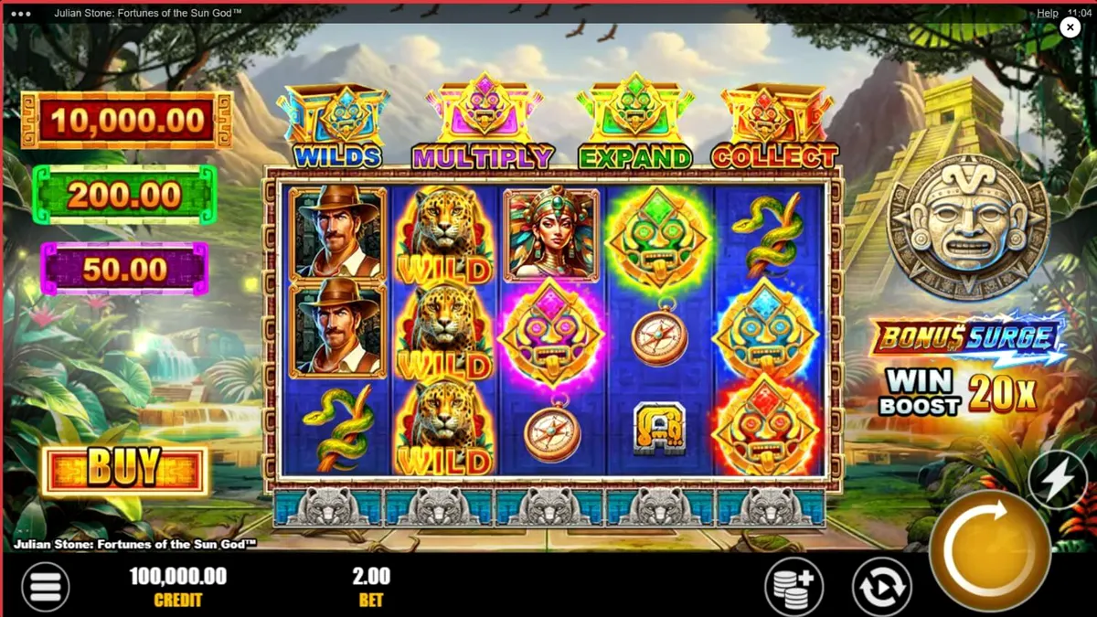 Julian Stone: Fortunes of the Sun God slot game interface featuring the explorer and Aztec ruins