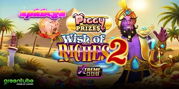 Tampilan visual slot Piggy Prizes Wish of Riches 2 dengan tema genie dan koin emas